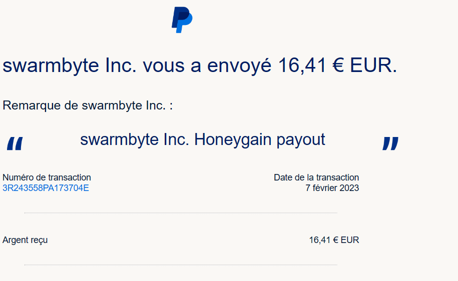 Preuve de paiement Honeygain de BILLYBILL