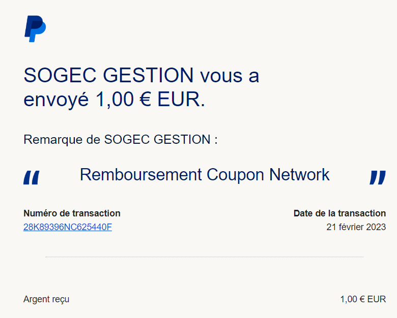 Preuve de paiement Coupon network de Xandre