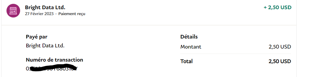 Preuve de paiement Bright data earnapp de Charlie76250