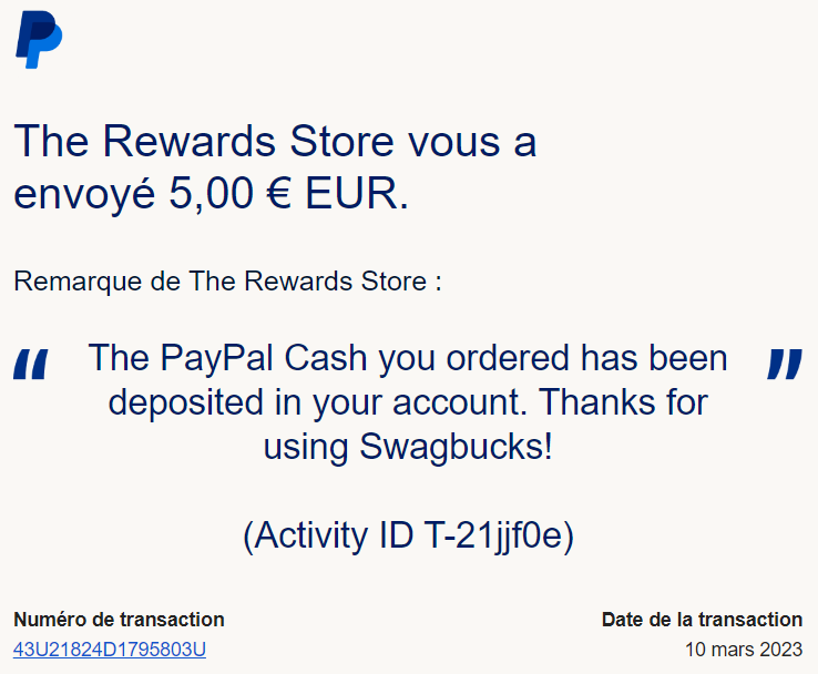 Preuve de paiement Swagbucks de Xandre