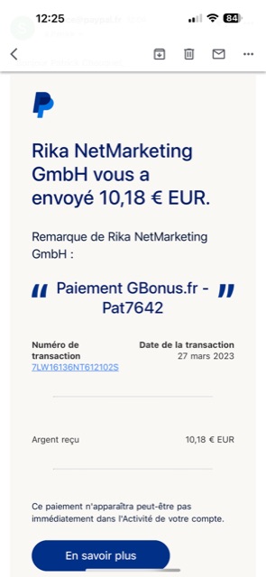 Preuve de paiement Gbonus de Pat7642