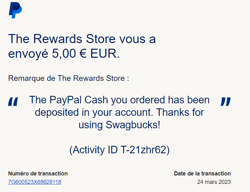 Preuve de paiement Swagbucks de Xandre