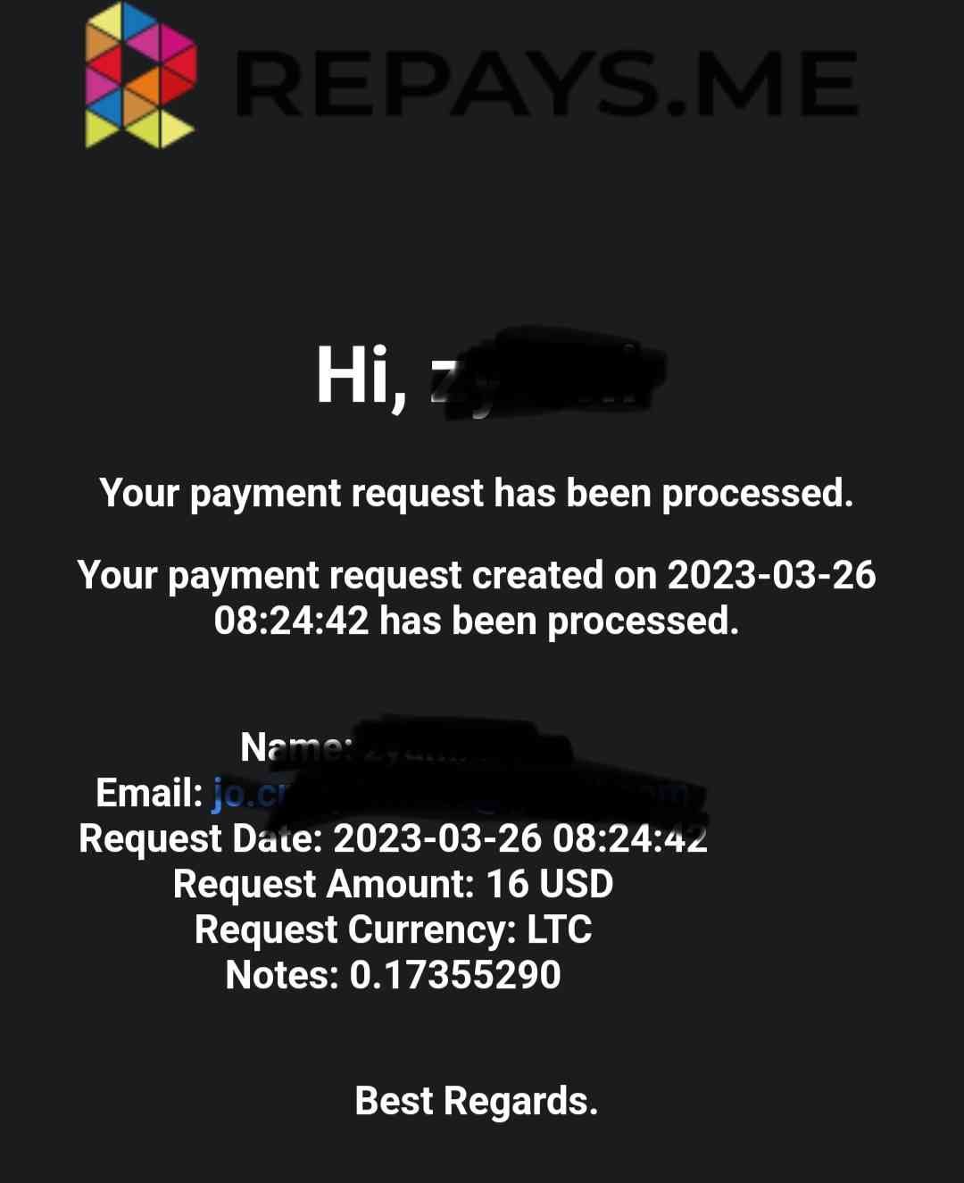 Preuve de paiement Repays.me ( ex Coinbox) de Kenya