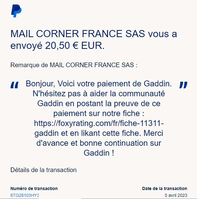 Preuve de paiement Gaddin de surlalune