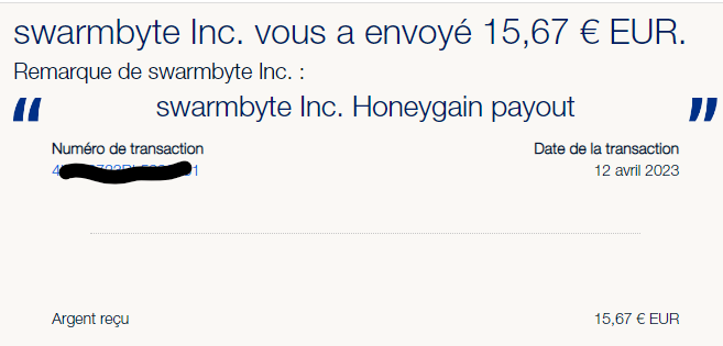 Preuve de paiement Honeygain de Charlie76250