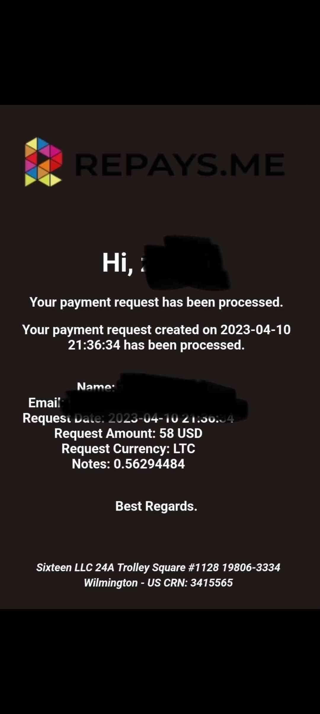 Preuve de paiement Repays.me ( ex Coinbox) de Kenya