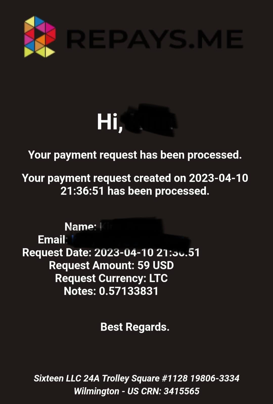 Preuve de paiement Repays.me ( ex Coinbox) de Kenya