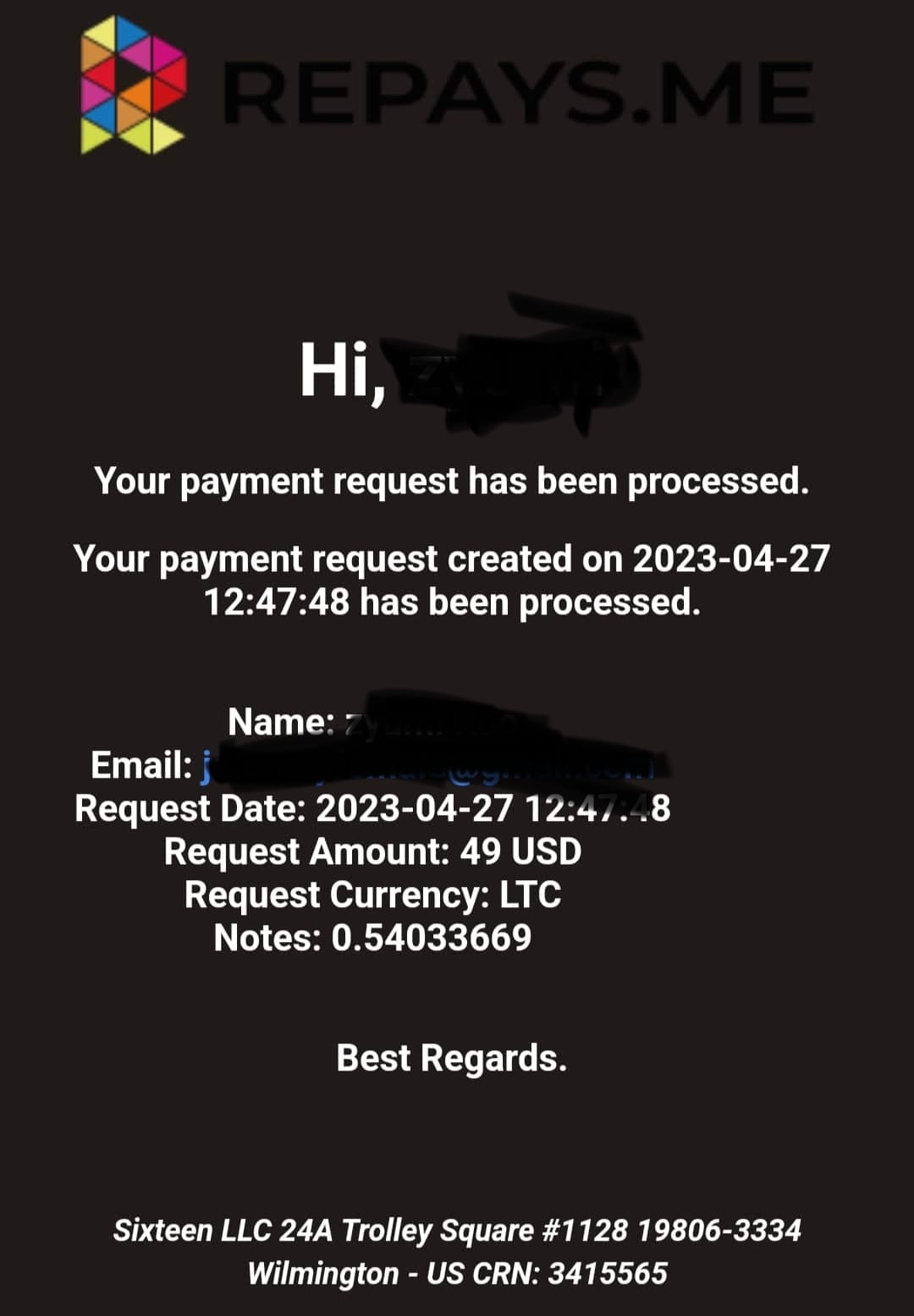 Preuve de paiement Repays.me ( ex Coinbox) de Kenya