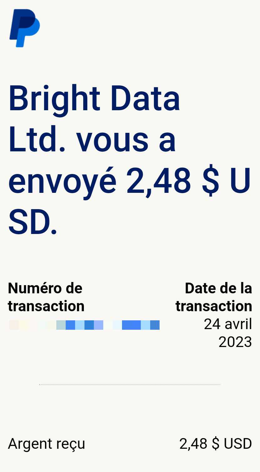 Preuve de paiement Bright data earnapp de Up22