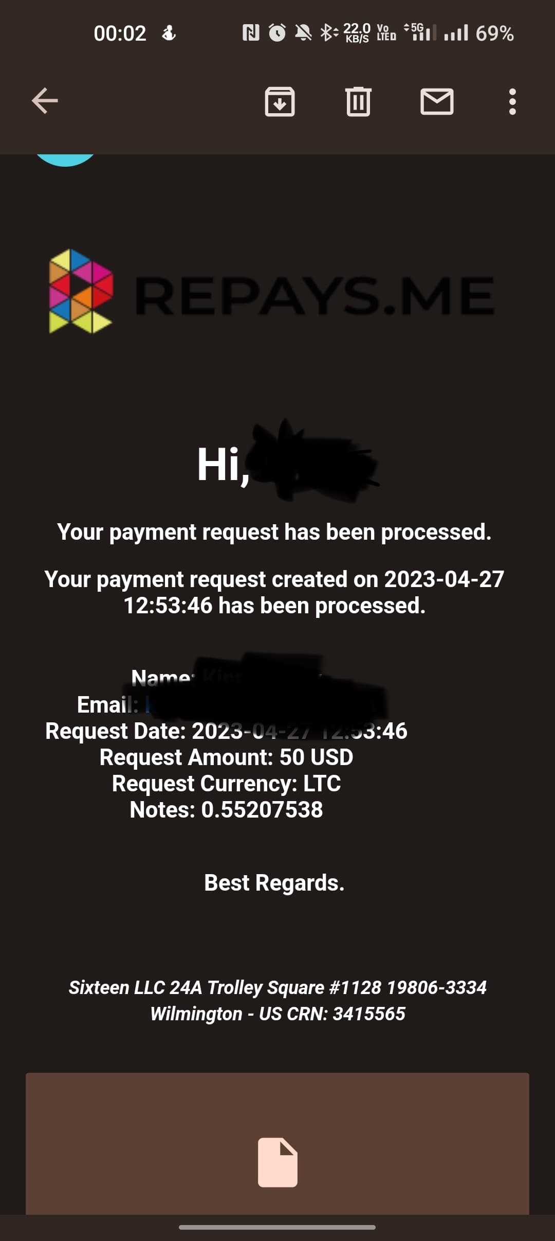 Preuve de paiement Repays.me ( ex Coinbox) de Kenya