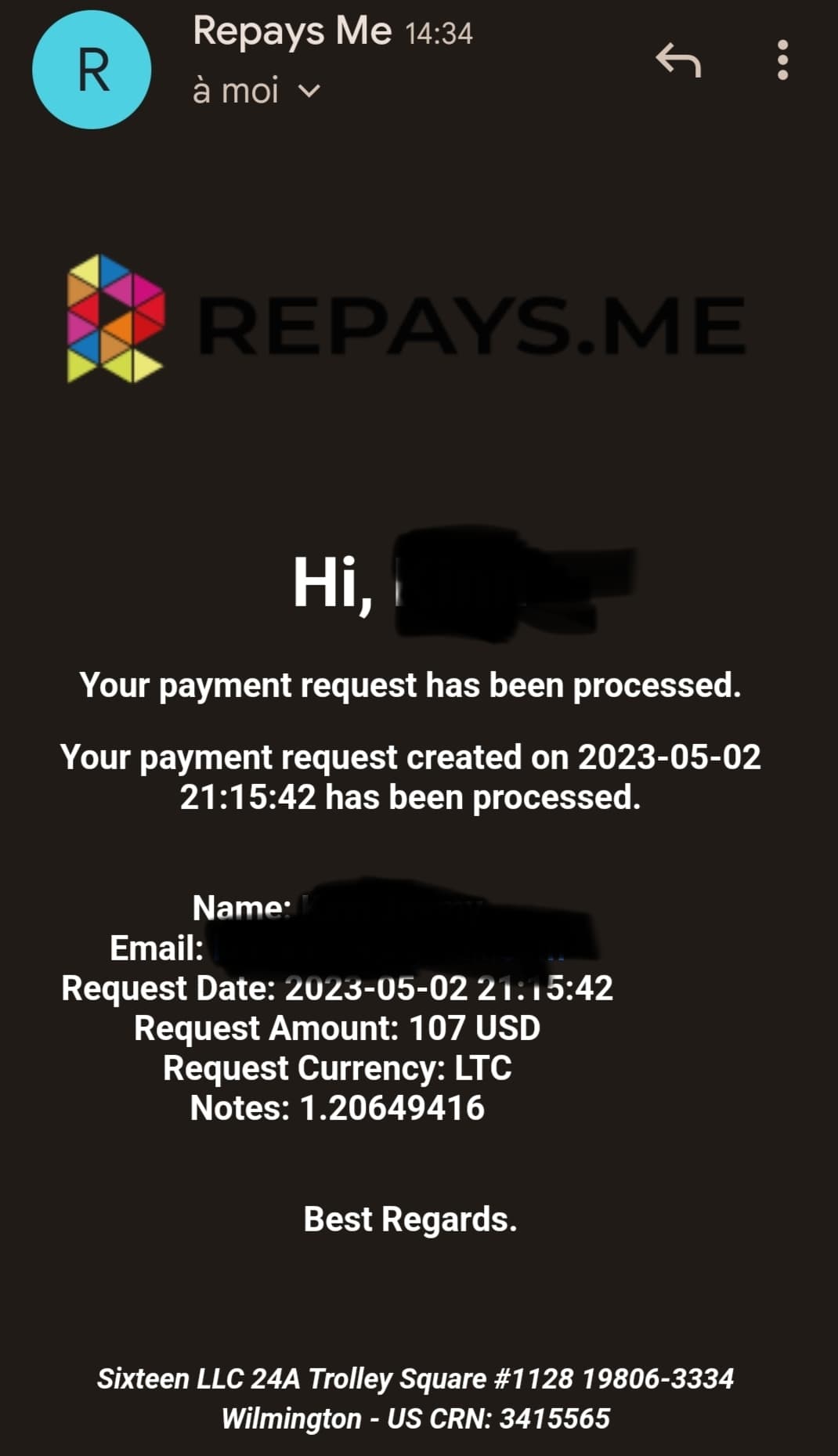 Preuve de paiement Repays.me ( ex Coinbox) de Kenya