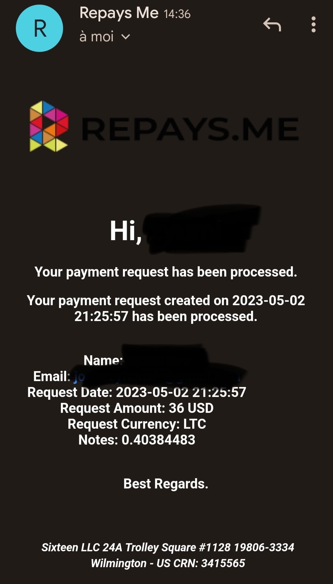 Preuve de paiement Repays.me ( ex Coinbox) de Kenya