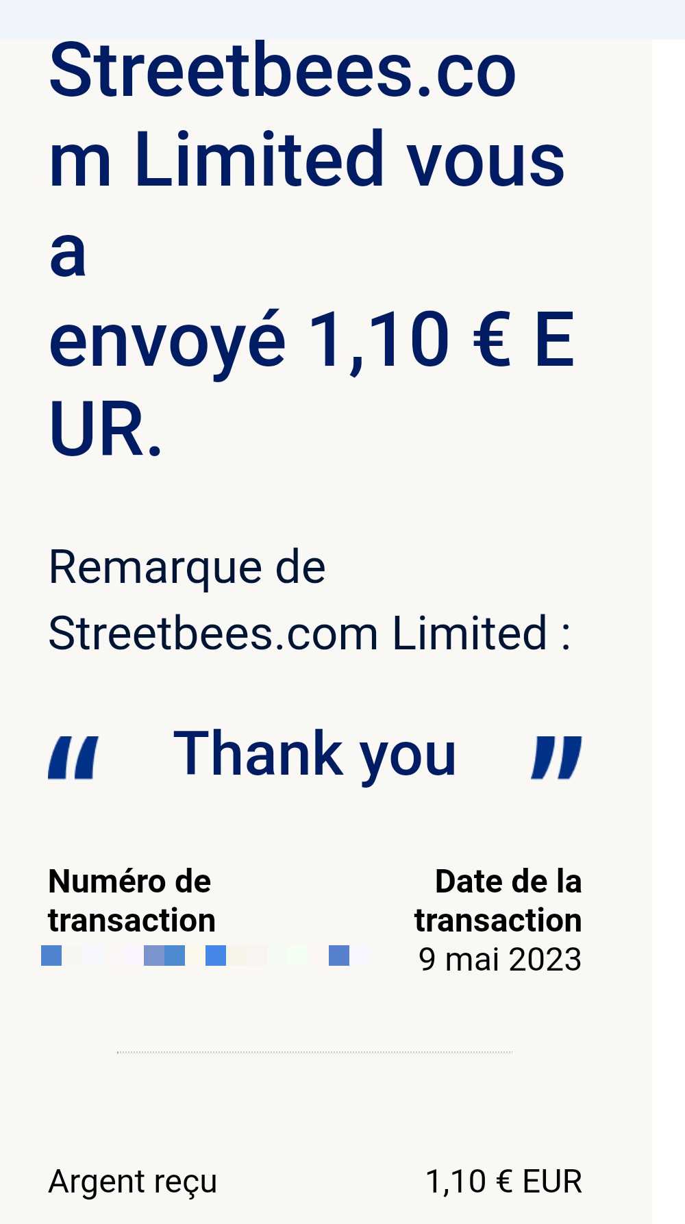 Preuve de paiement Streetbees de Up22