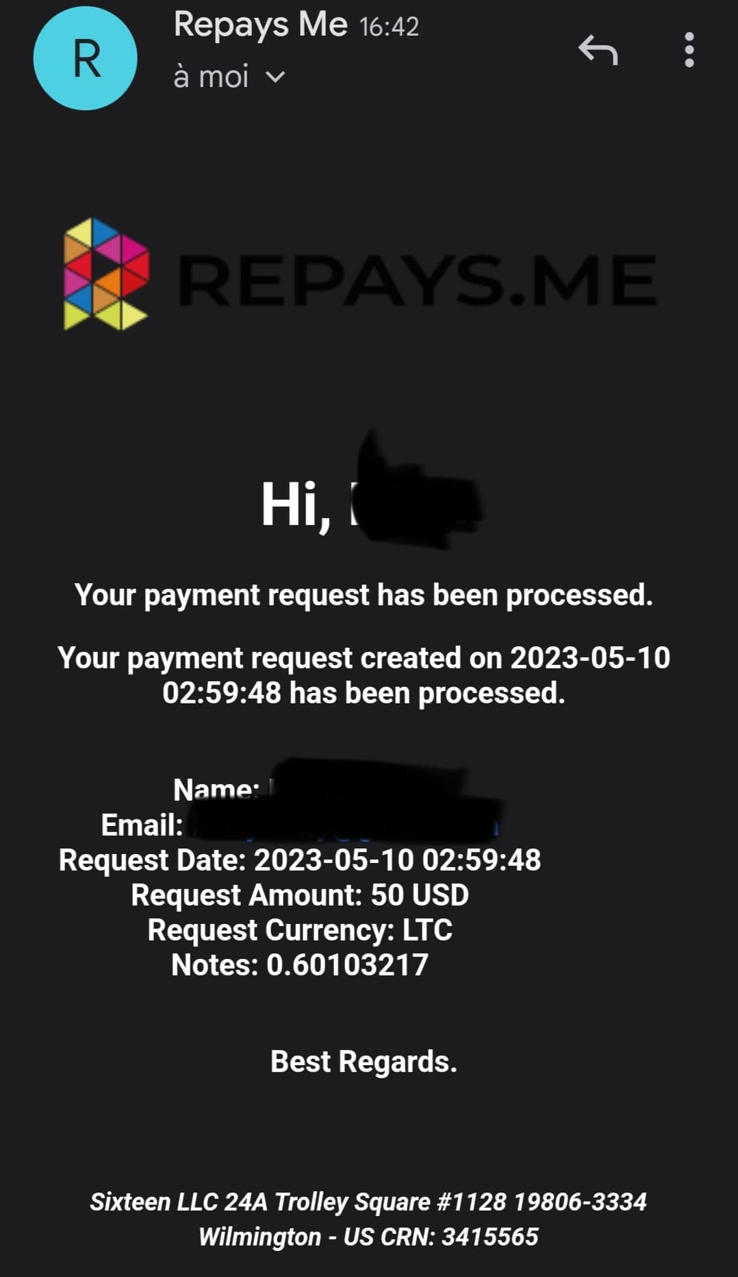 Preuve de paiement Repays.me ( ex Coinbox) de Kenya