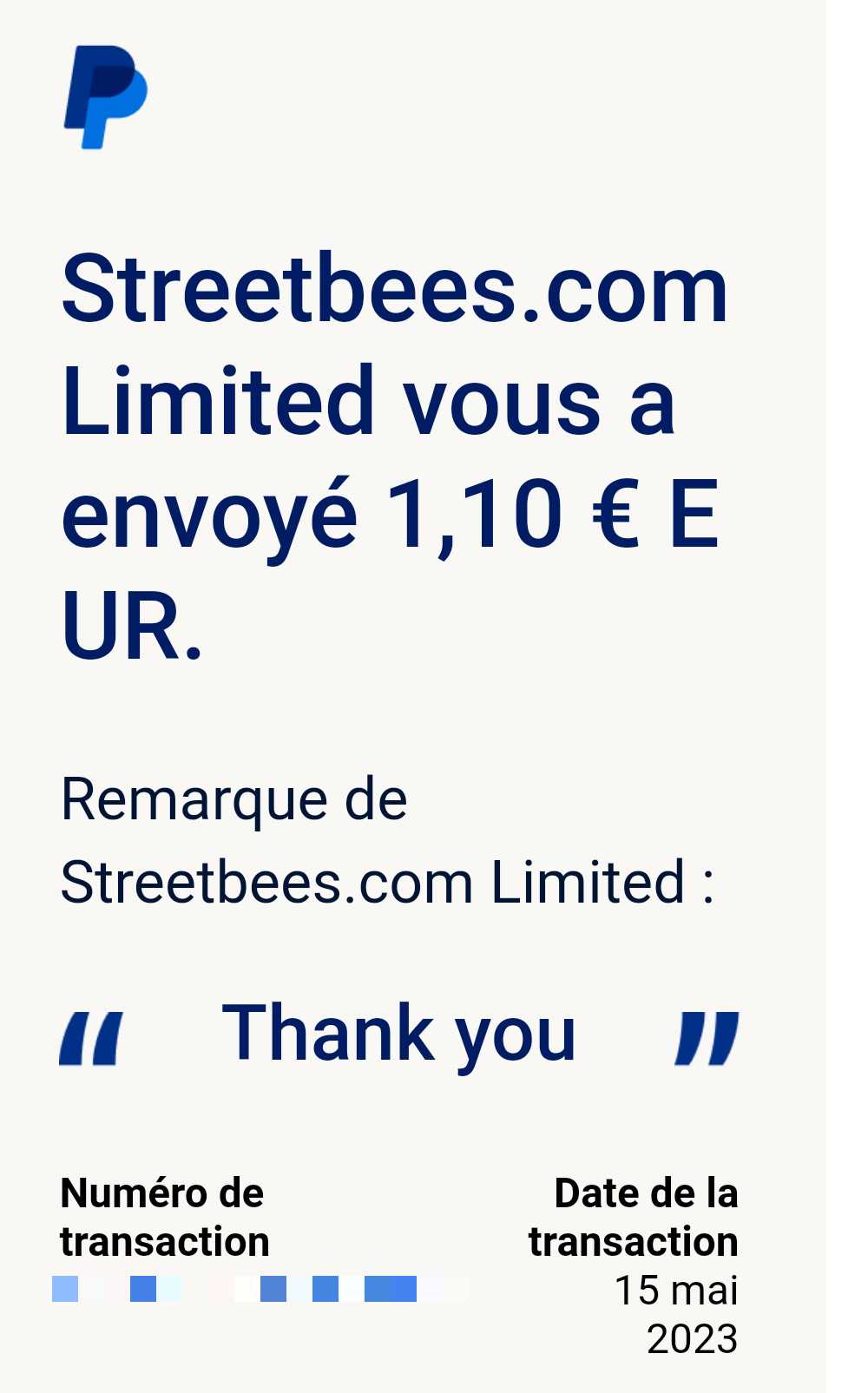 Preuve de paiement Streetbees de Up22