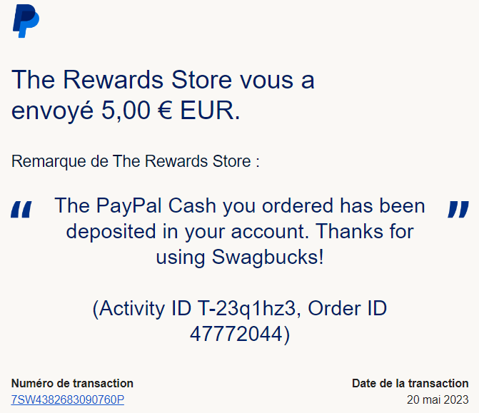 Preuve de paiement Swagbucks de Xandre