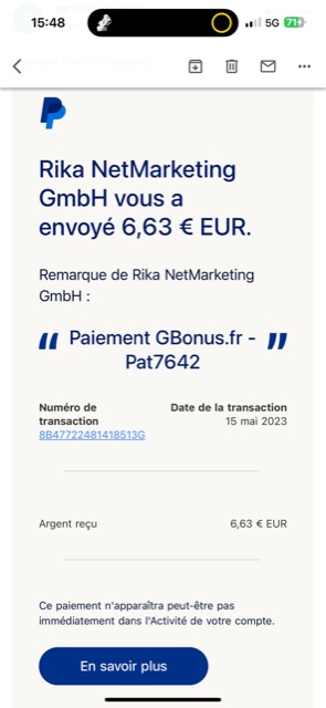 Preuve de paiement Gbonus de Pat7642