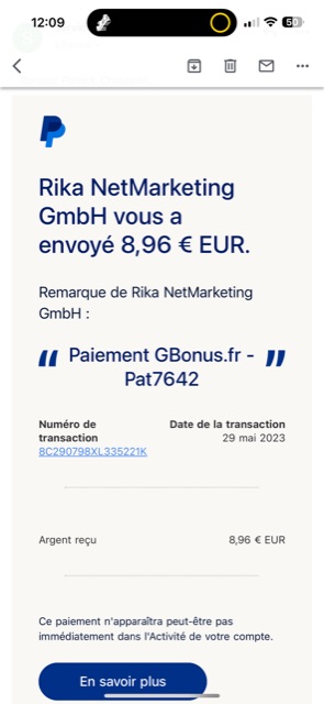 Preuve de paiement Gbonus de Pat7642