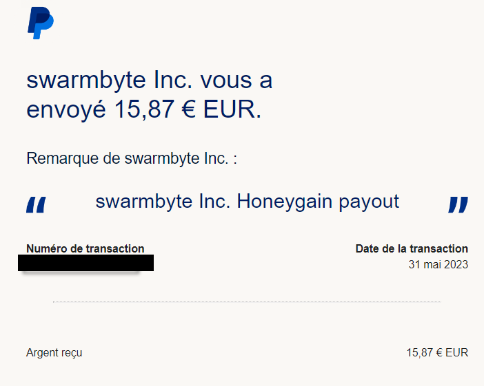 Preuve de paiement Honeygain de notkirby