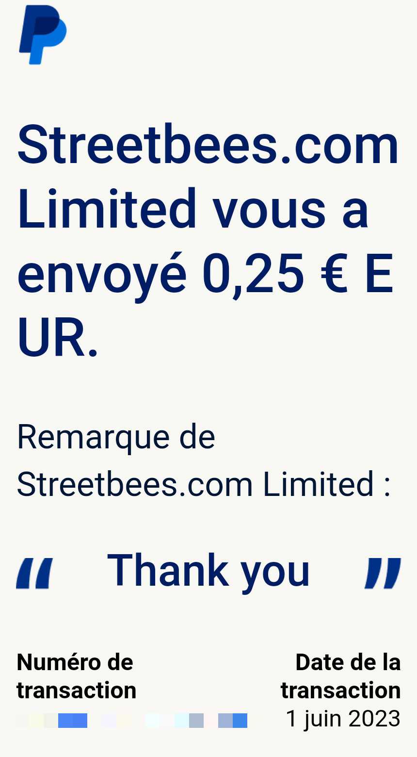 Preuve de paiement Streetbees de Up22