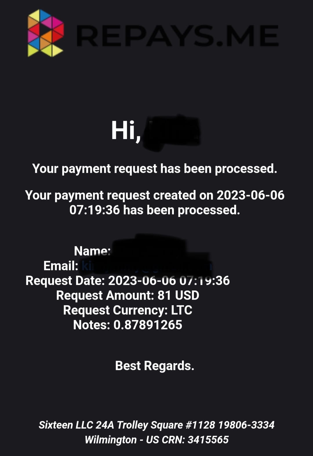 Preuve de paiement Repays.me ( ex Coinbox) de Kenya