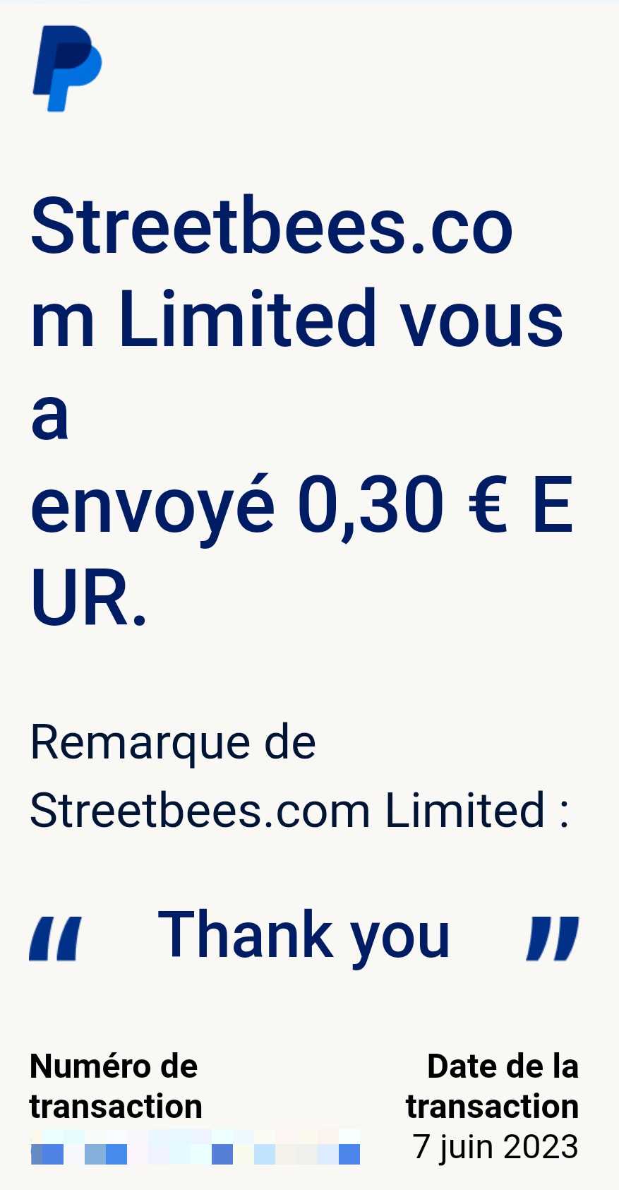 Preuve de paiement Streetbees de Up22