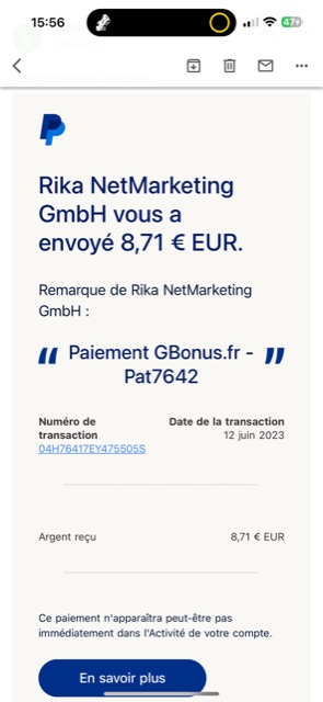 Preuve de paiement Gbonus de Pat7642
