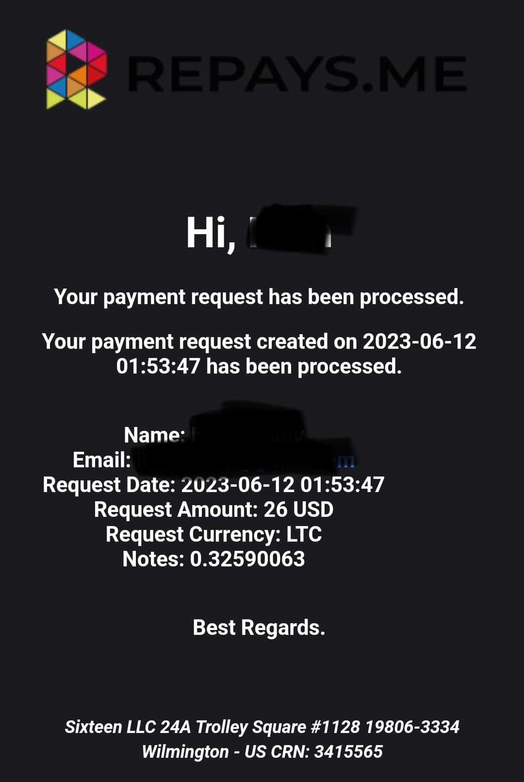 Preuve de paiement Repays.me ( ex Coinbox) de Kenya