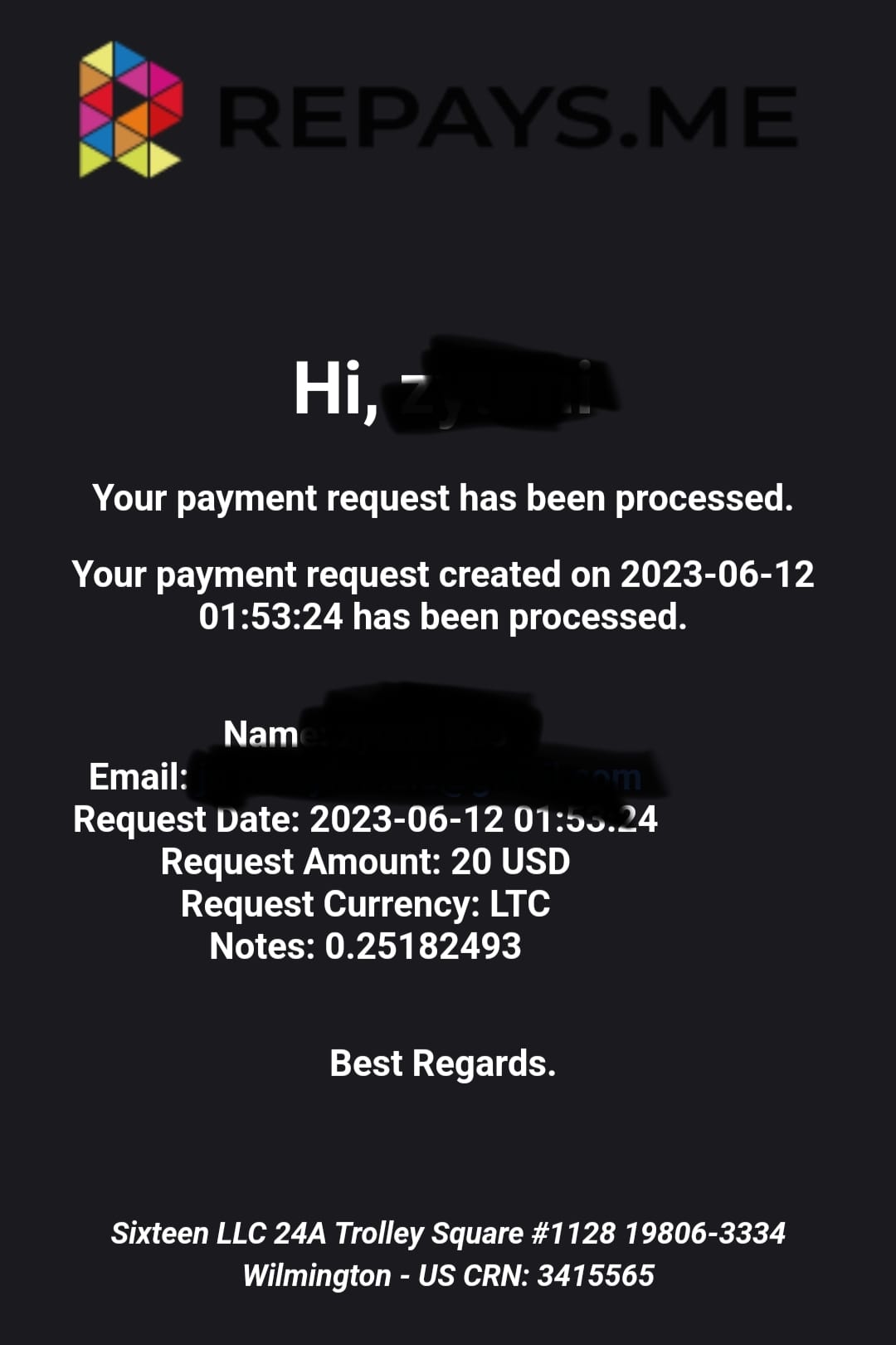 Preuve de paiement Repays.me ( ex Coinbox) de Kenya