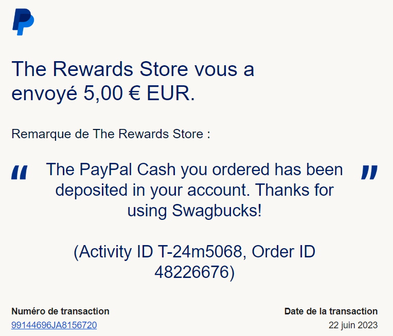 Preuve de paiement Swagbucks de Xandre