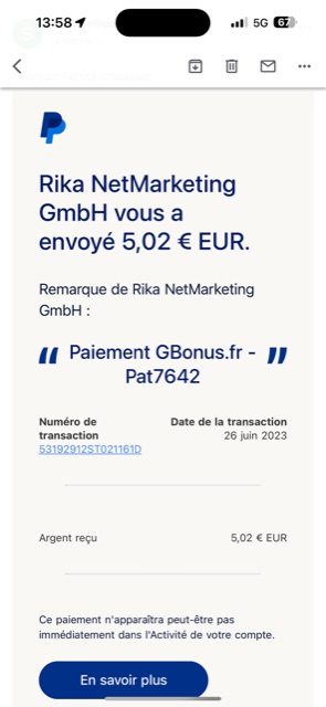 Preuve de paiement Gbonus de Pat7642