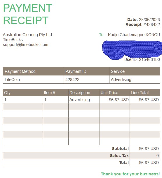 Preuve de paiement Timebucks de Charlas