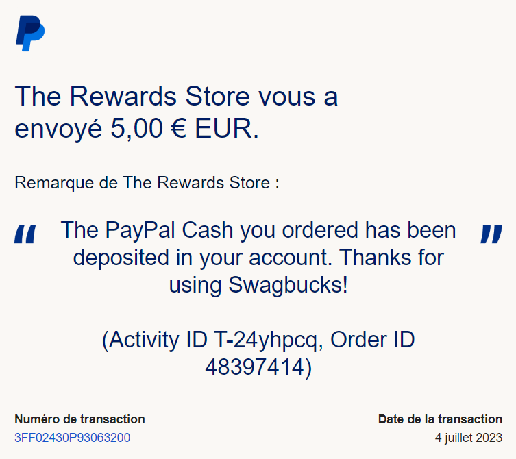 Preuve de paiement Swagbucks de Xandre