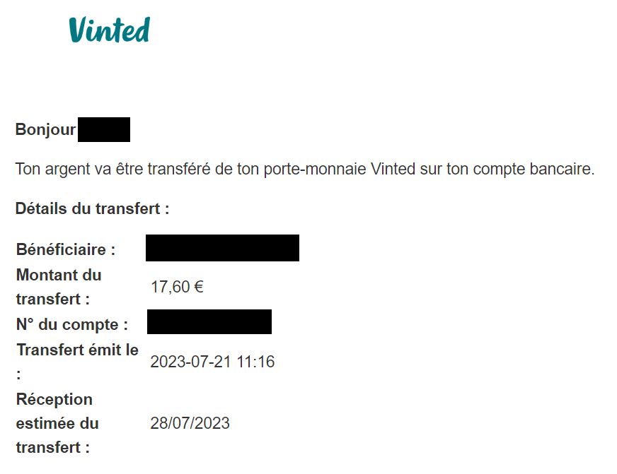 Preuve de paiement Vinted de Xandre