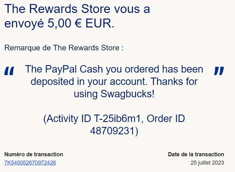 Preuve de paiement Swagbucks de Xandre