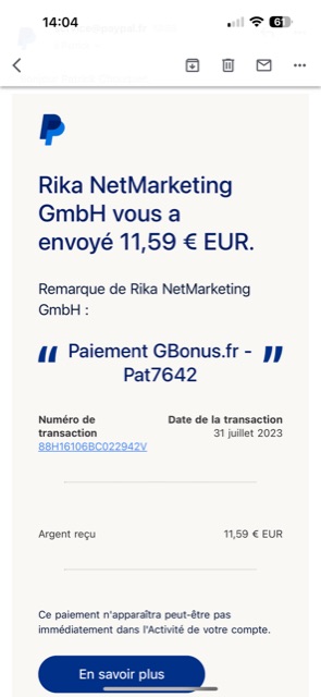 Preuve de paiement Gbonus de Pat7642