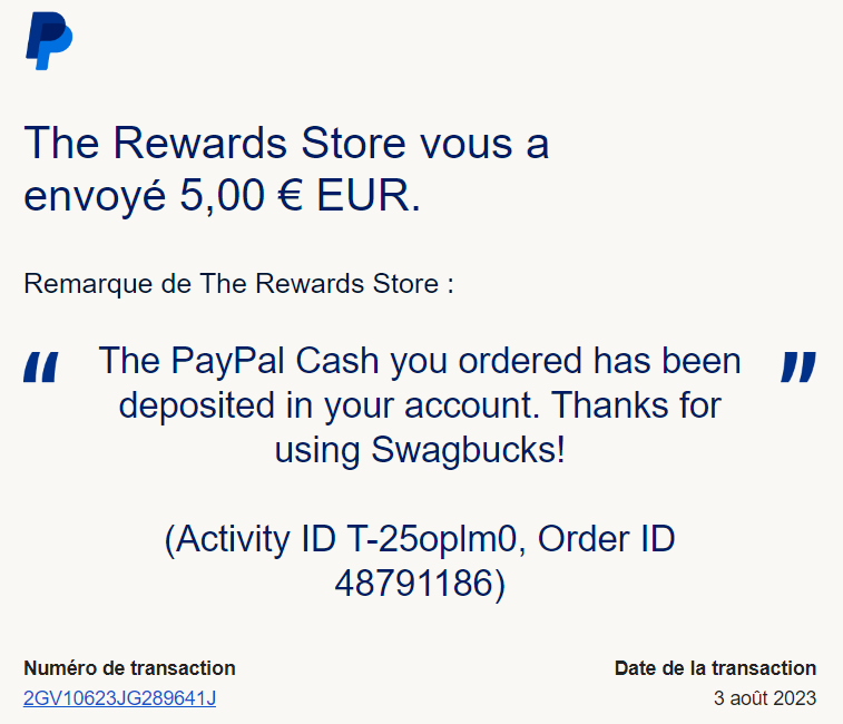 Preuve de paiement Swagbucks de Xandre