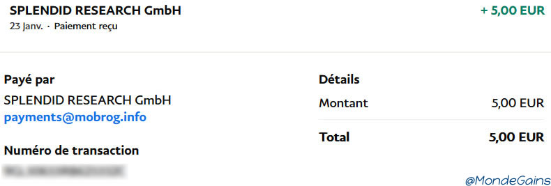 Preuve de paiement Mobrog de mondegains