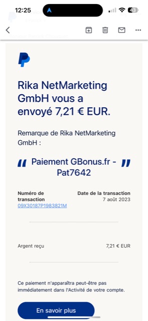 Preuve de paiement Gbonus de Pat7642