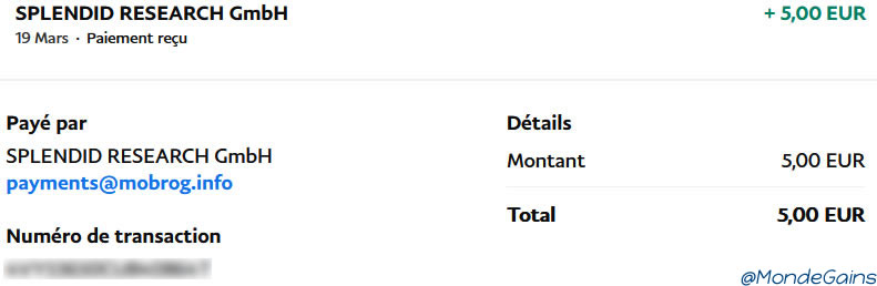 Preuve de paiement Mobrog de mondegains