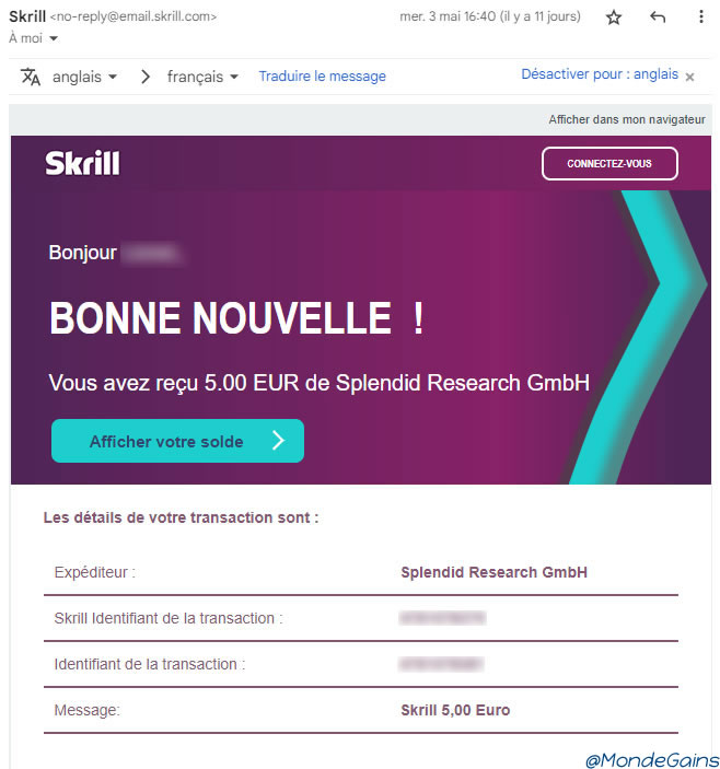 Preuve de paiement Mobrog de mondegains