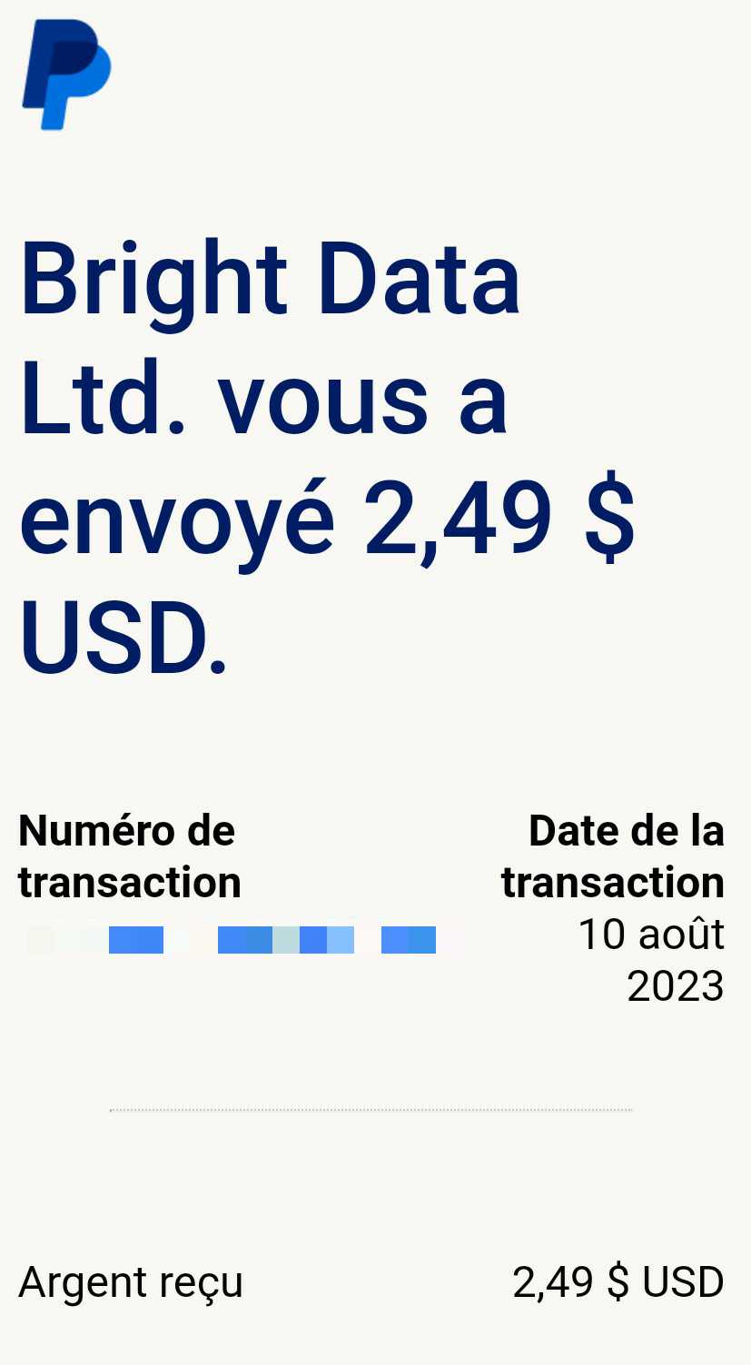 Preuve de paiement Bright data earnapp de Up22