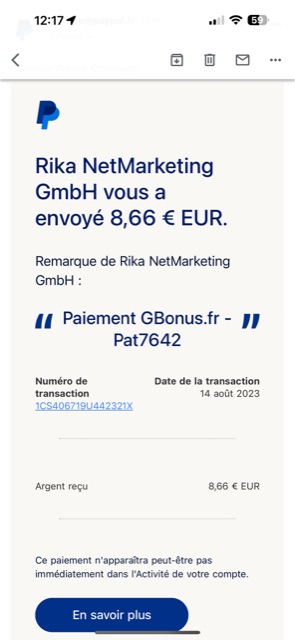 Preuve de paiement Gbonus de Pat7642