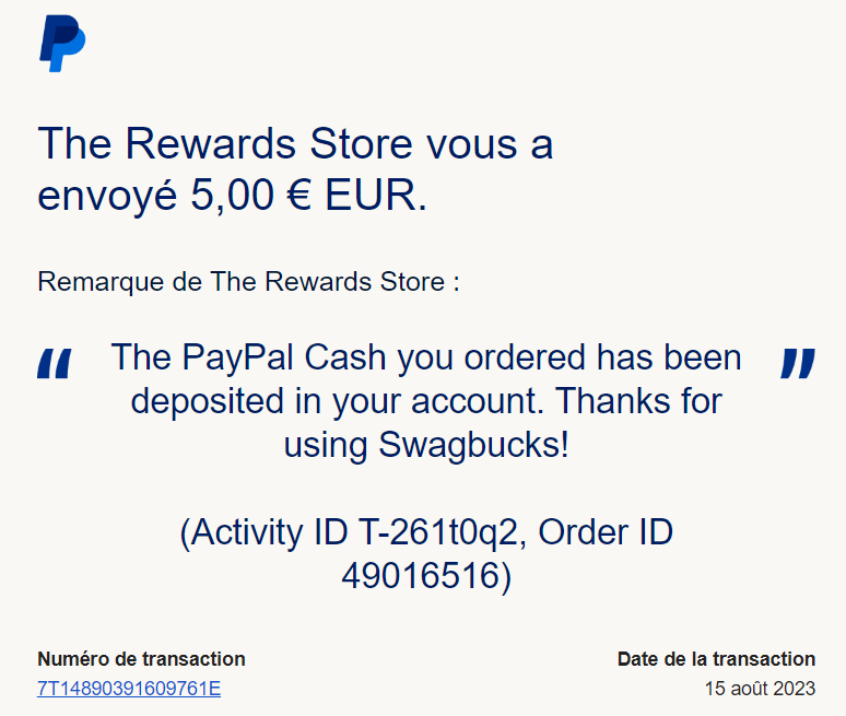 Preuve de paiement Swagbucks de Xandre