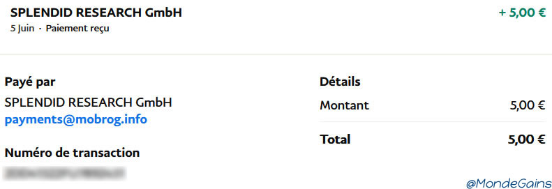 Preuve de paiement Mobrog de mondegains