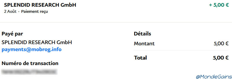 Preuve de paiement Mobrog de mondegains