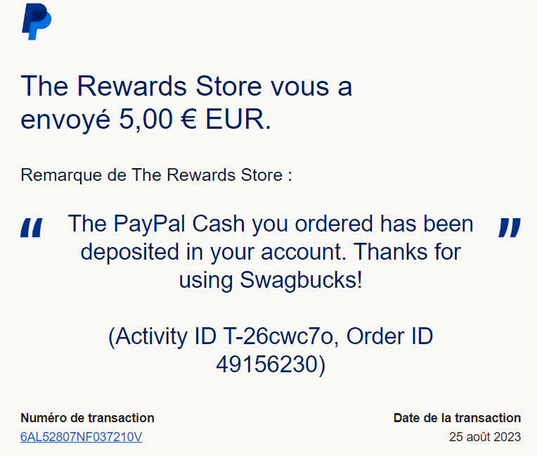 Preuve de paiement Swagbucks de Xandre