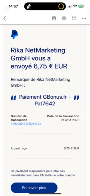 Preuve de paiement Gbonus de Pat7642