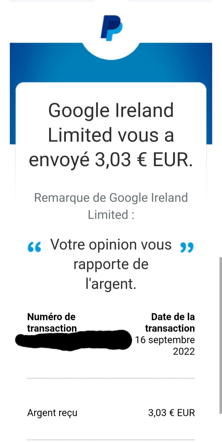 Preuve de paiement Google Opinion Reward de Kelly68