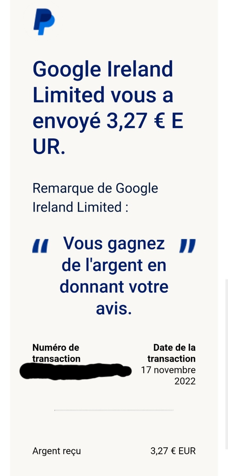 Preuve de paiement Google Opinion Reward de Kelly68